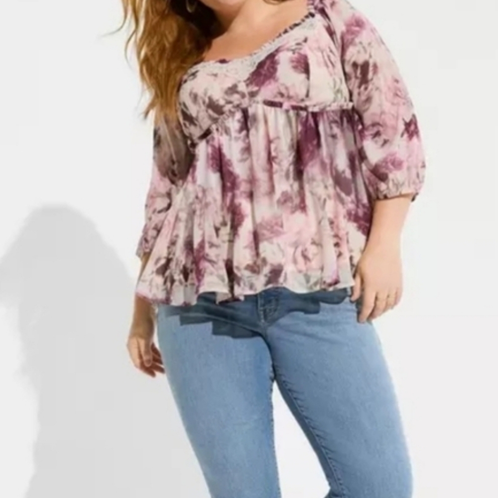 NWOT TORRID 2X Babydoll Crinkle Chiffon Blouson Sleeve Top